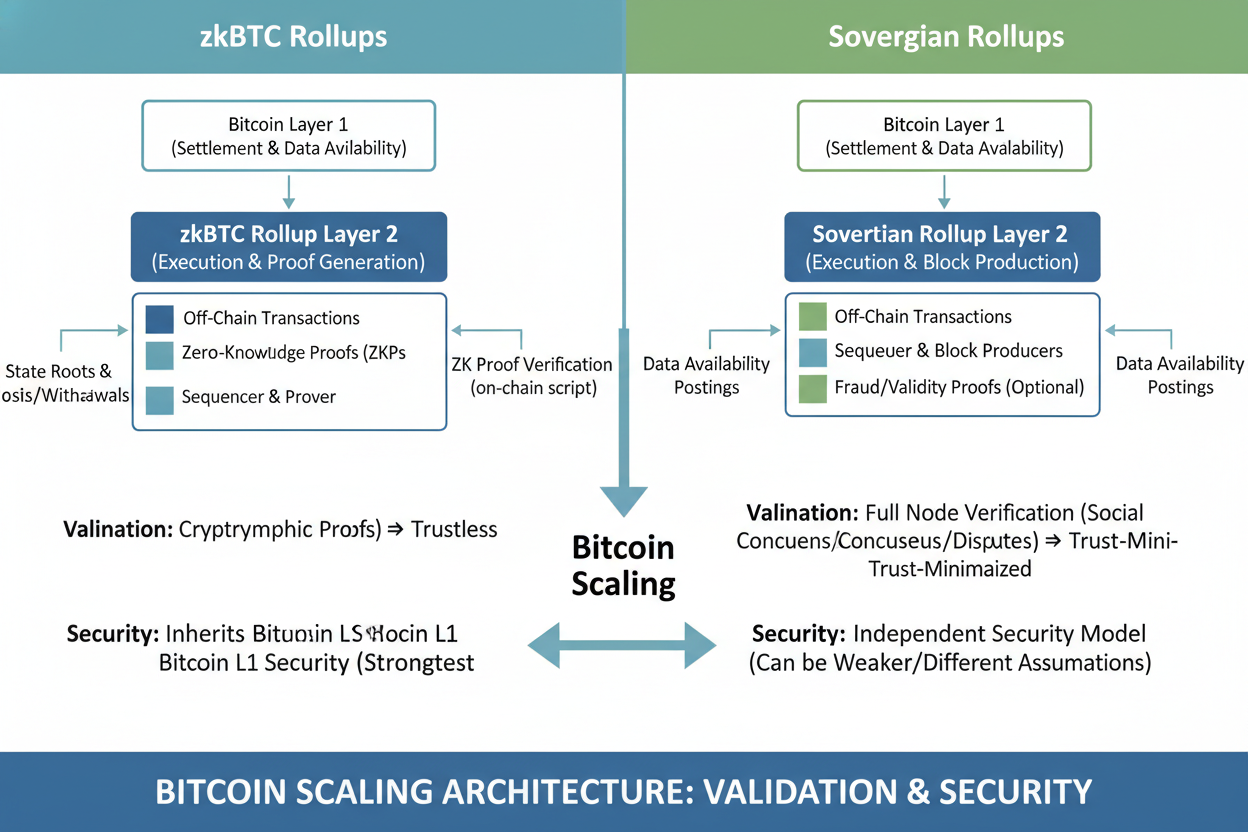 Infographic diagram comparing zkBTC Rollups vs Sovereign Rollups architectures for Bitcoin scaling in 2026, highlighting validation proofs, security layers, and data availability