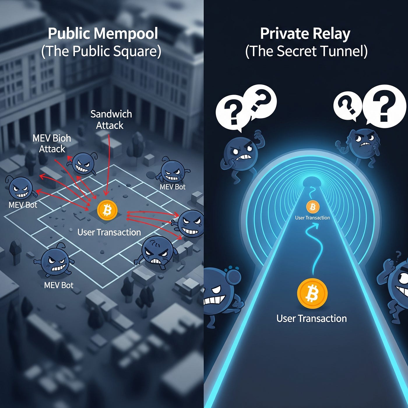 Visual diagram contrasting sandwich attacks in traditional mempools versus protection mechanisms in batch auctions and MEV auctions for DeFi blockchain security