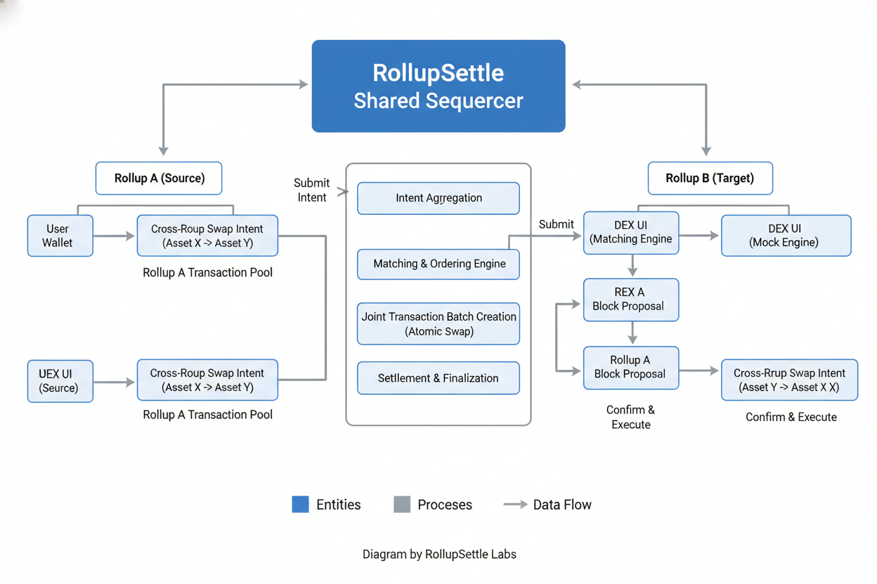 Diagram illustrating RollupSettle.com shared sequencer and intents workflow for cross-rollup DEX settlement in DeFi, optimizing execution with atomic composability