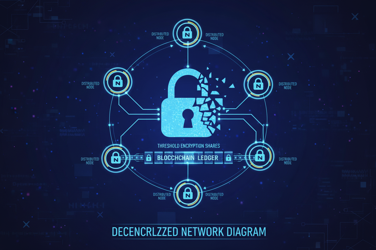 Diagram illustrating threshold encryption shares distributed among blockchain network nodes for secure Solidity smart contracts