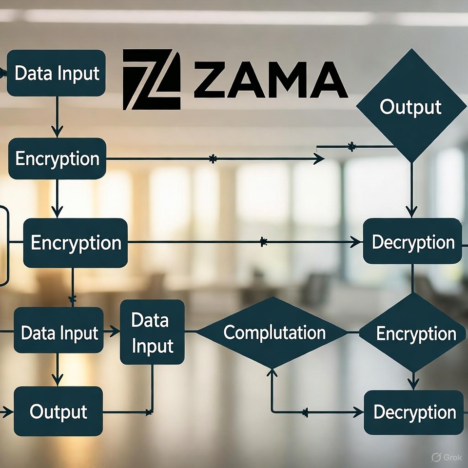 Visual diagram showing confidential rollups using Zama FHE technology on ConduitXYZ blockchain