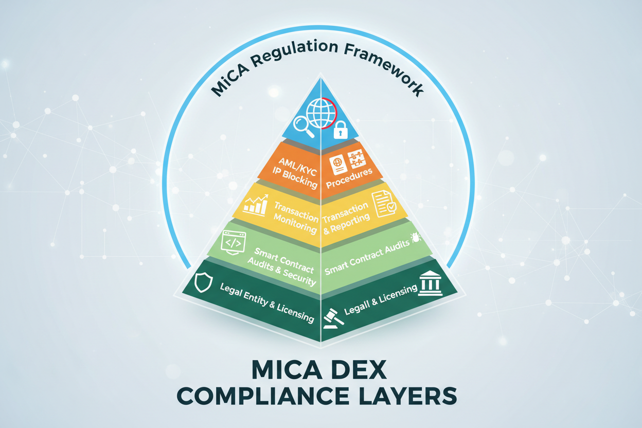 Visual diagram of MiCA compliance layers for DEXs highlighting geofencing module to block high-risk EU transactions in 2026