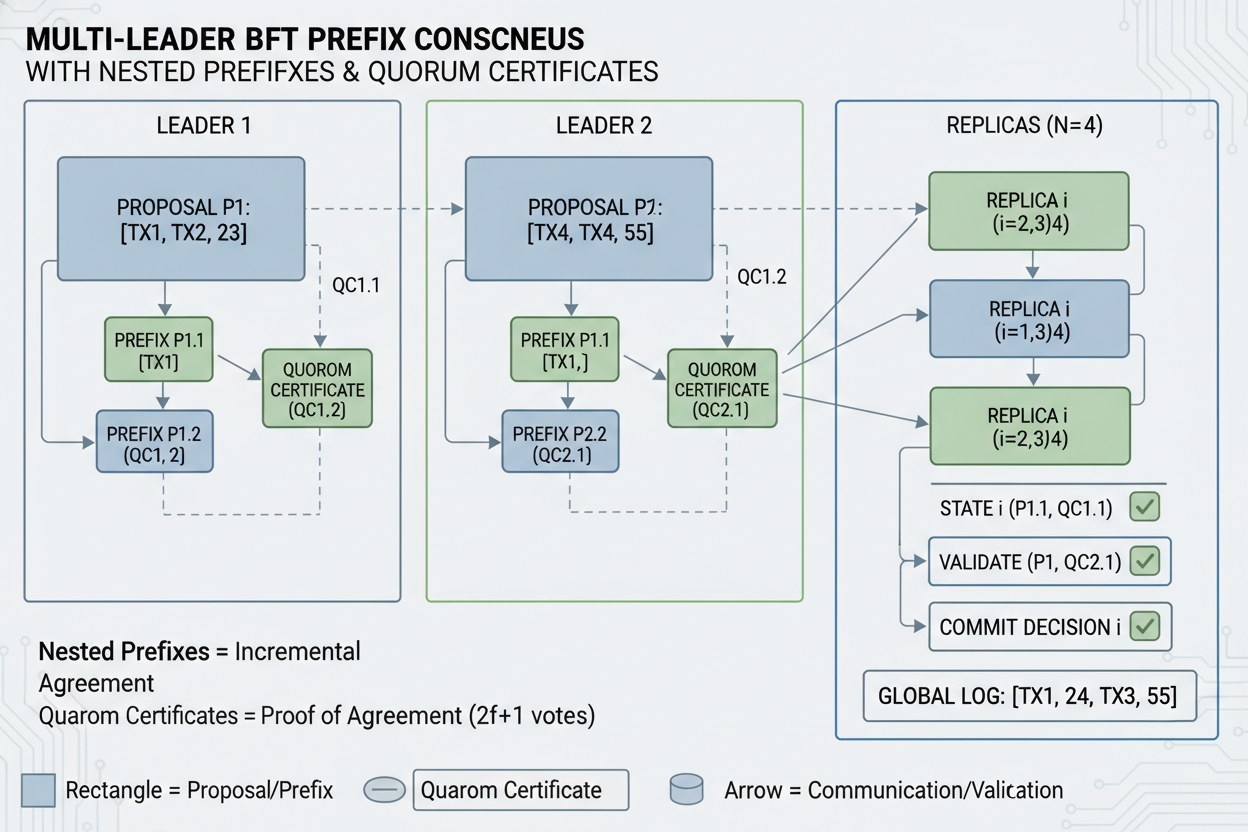 Diagram of multi-leader prefix consensus in BFT networks showing nested prefixes and quorum certificates for censorship-resistant blockchain sequencing