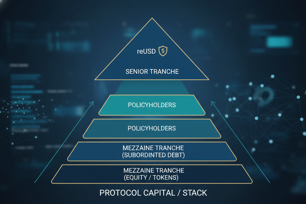 Diagram of Re Protocol capital stack showing reUSD senior tranche with policyholders paid first and reinsurance premiums flow for uncorrelated yields