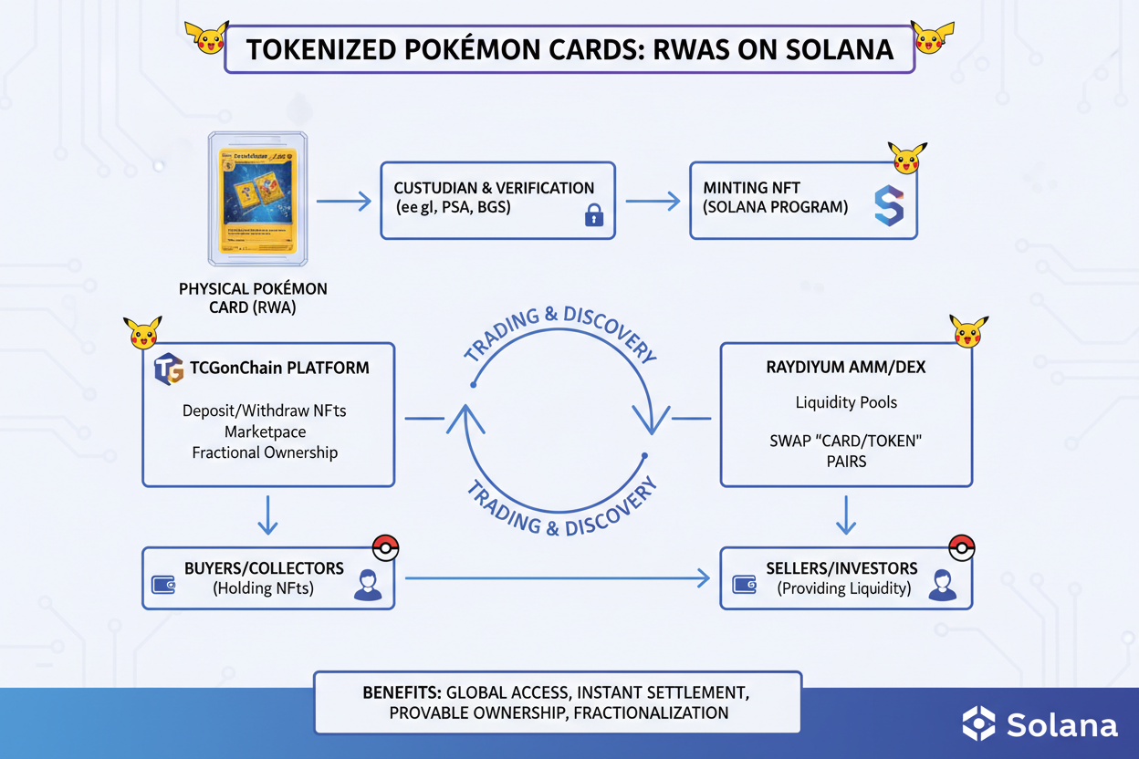 Visual diagram of trading tokenized Pokémon card RWAs on Solana blockchain via Raydium DEX and platforms like TCGonChain