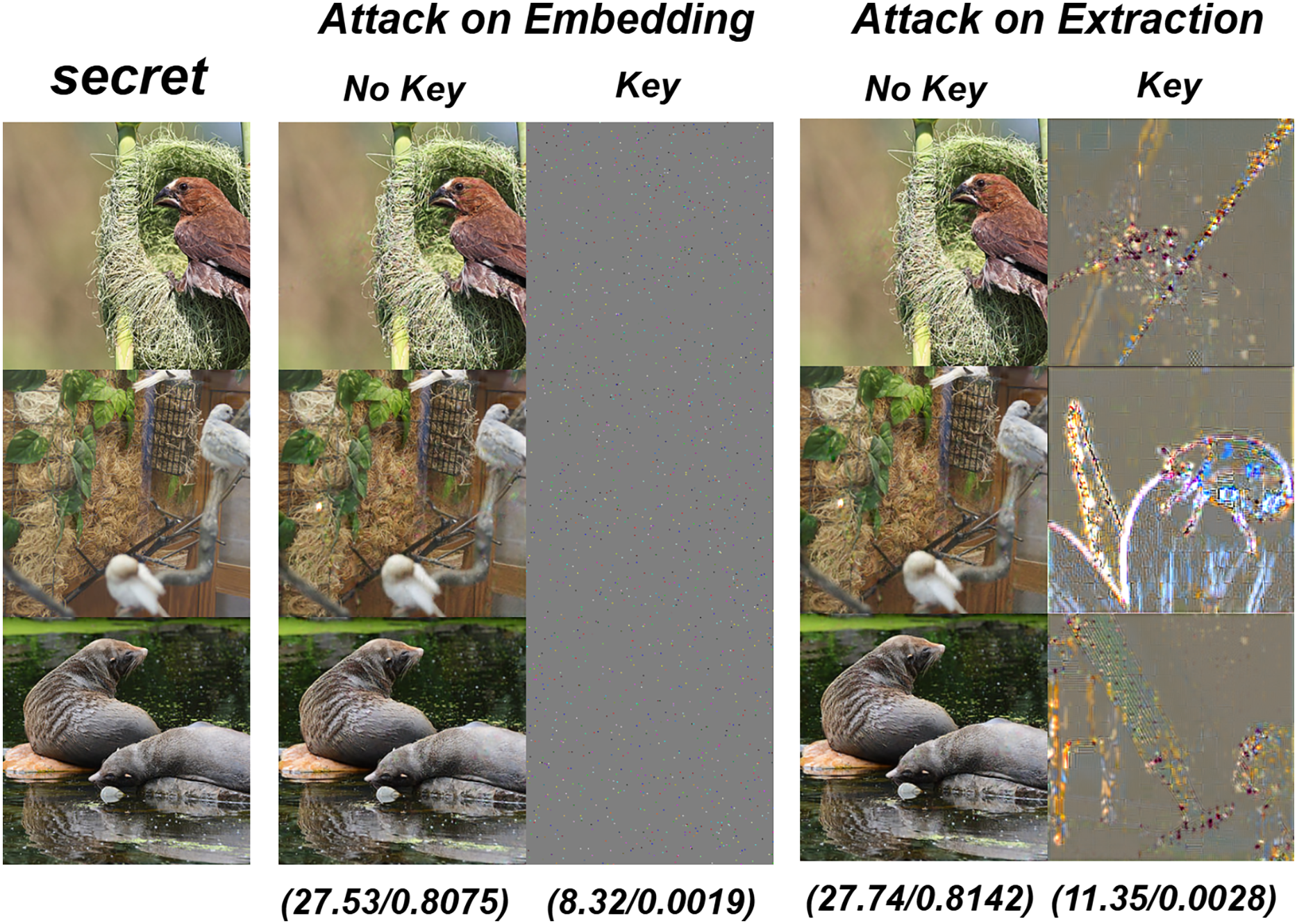 Diagram illustrating watermark embedding in AI-generated images and removal attack via noise addition and reconstruction in generative AI pipelines