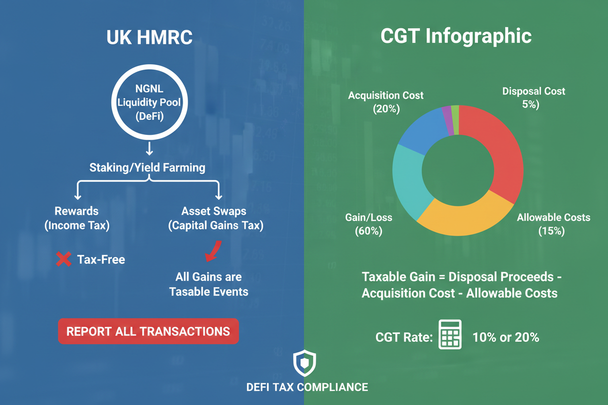 Diagram comparing DeFi liquidity pool deposits under UK NGNL no gain no loss tax treatment vs current CGT triggers