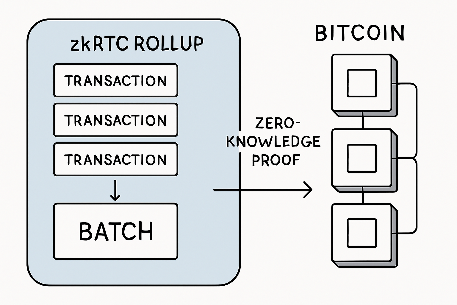 Diagram illustrating how zkBTC rollups batch Bitcoin transactions and generate zero-knowledge proofs for privacy and scalability.