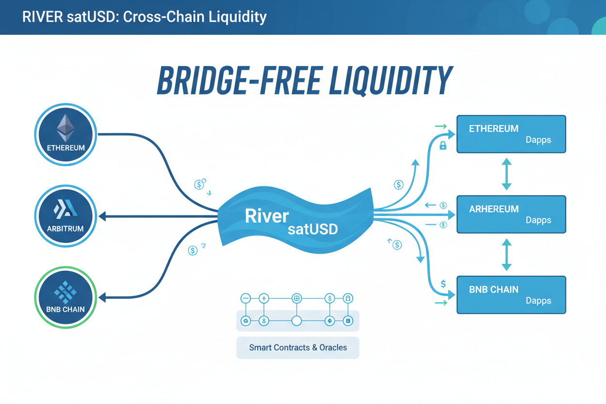 Diagram of River chain abstraction router enabling bridge-free liquidity flows from ETH on Ethereum to satUSD on BNB Chain and Arbitrum
