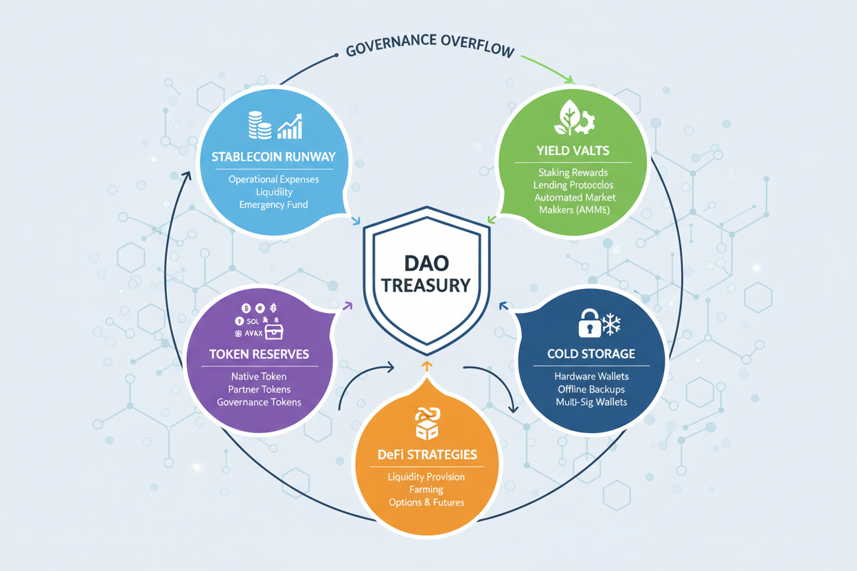 Diagram of DAO treasury frameworks separating stablecoin runway in yield-bearing vaults, native token reserves in cold storage multisigs, and diversified low-risk DeFi growth capital to avoid liquidations