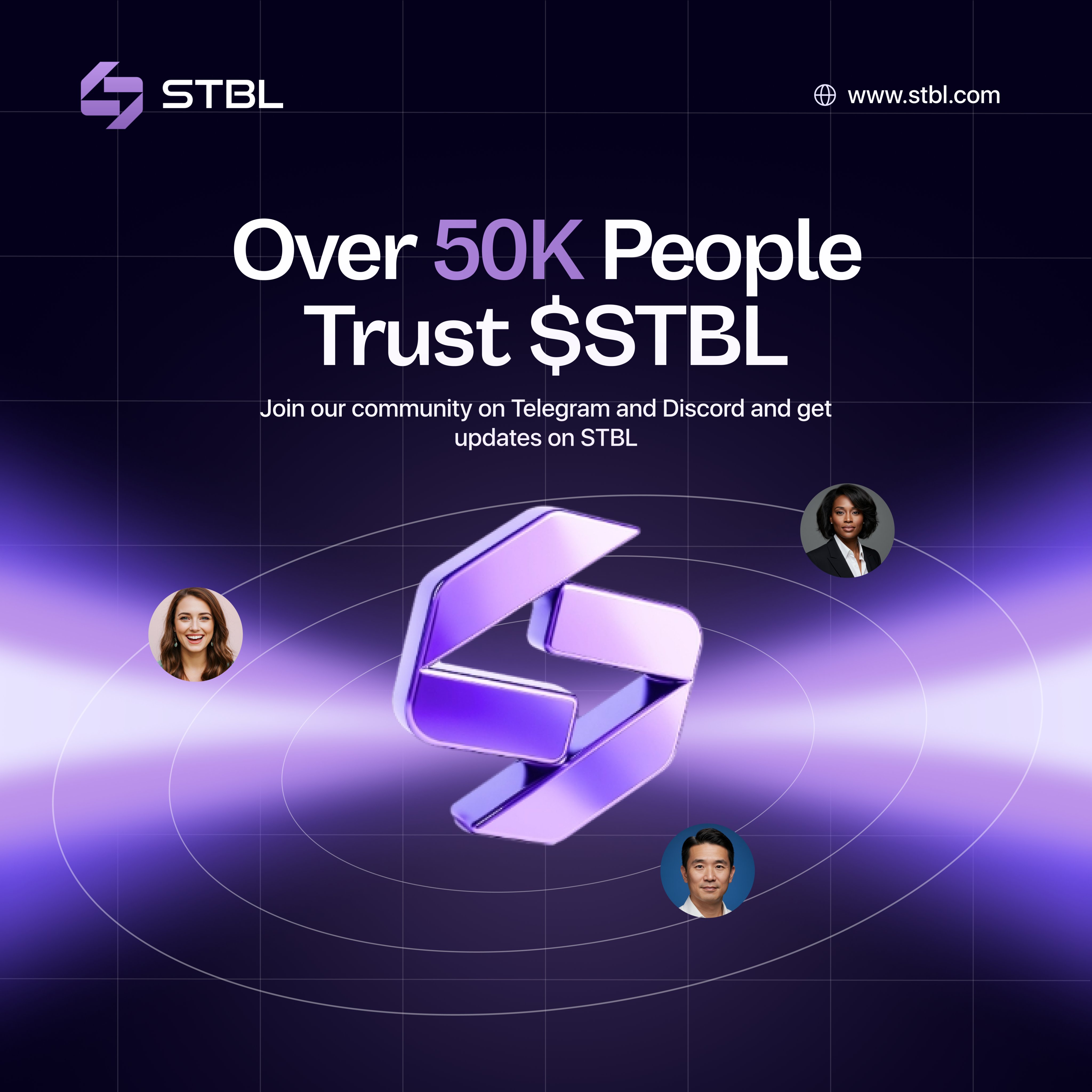 STBL three-token architecture diagram featuring USST (stablecoin), YLD (yield token), and $STBL (governance token) with arrows showing their relationships and RWA collateral backing.