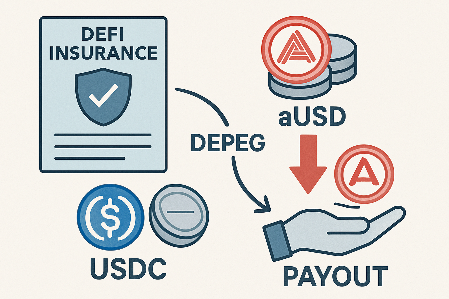 Visual explainer showing DeFi insurance automatically paying out users during stablecoin depeg events, highlighting USDC depeg after Silicon Valley Bank collapse and Acala aUSD exploit