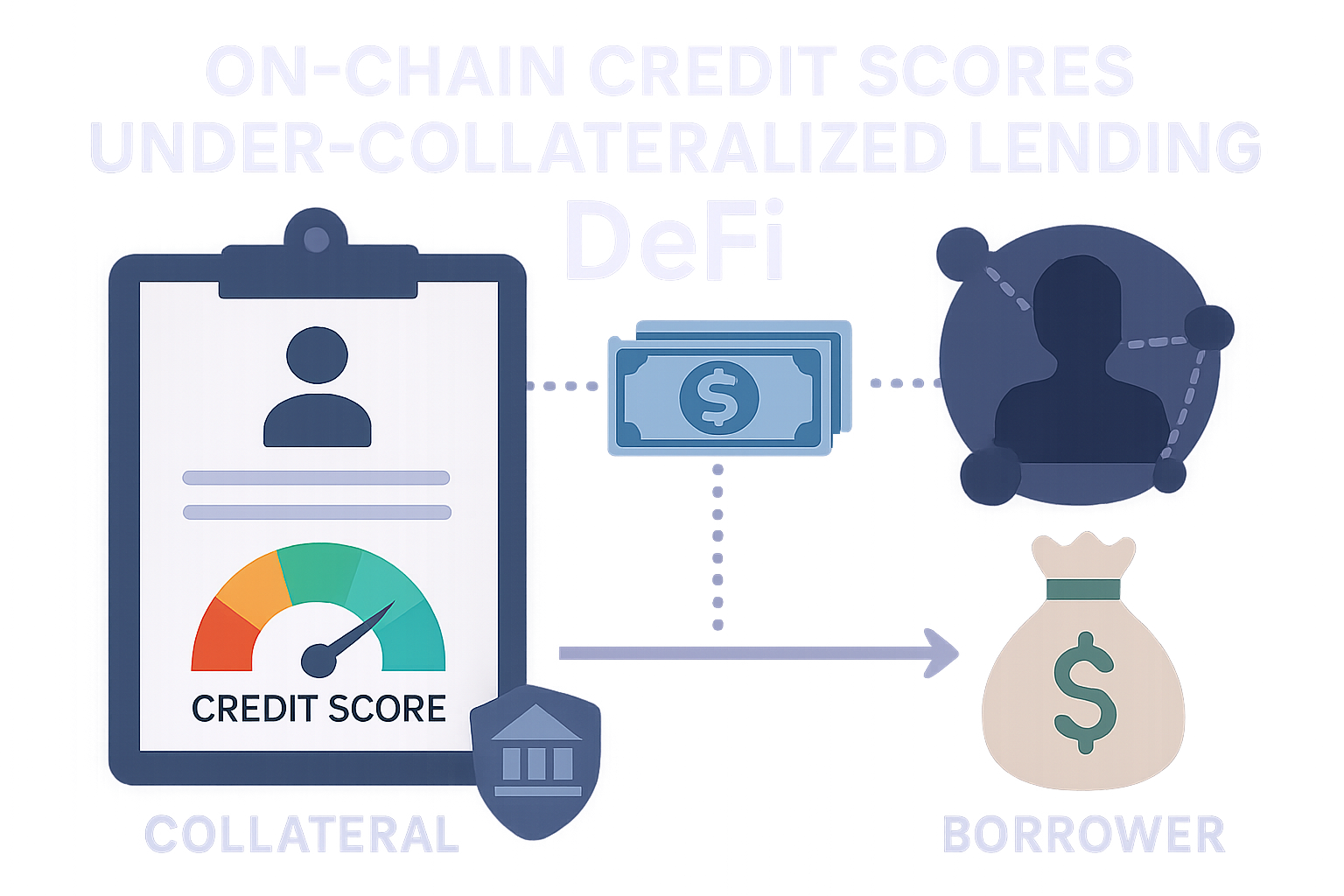 Visual representation of on-chain credit scores enabling under-collateralized lending in DeFi, featuring blockchain data, digital identity, and decentralized finance concepts.