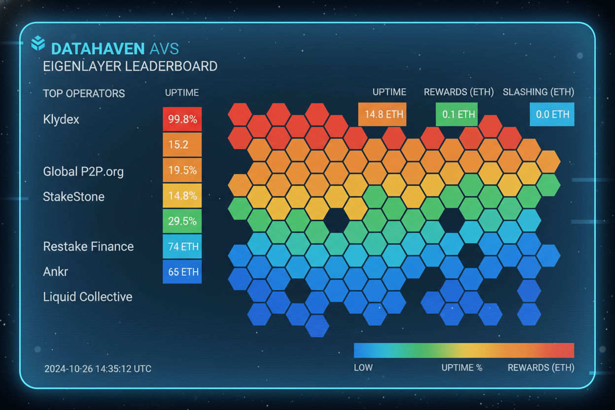DataHaven AVS Leaderboard 2026 heatmap of top 10 EigenLayer operators by uptime and rewards, highlighting Klydex Global and P2P.org leaders