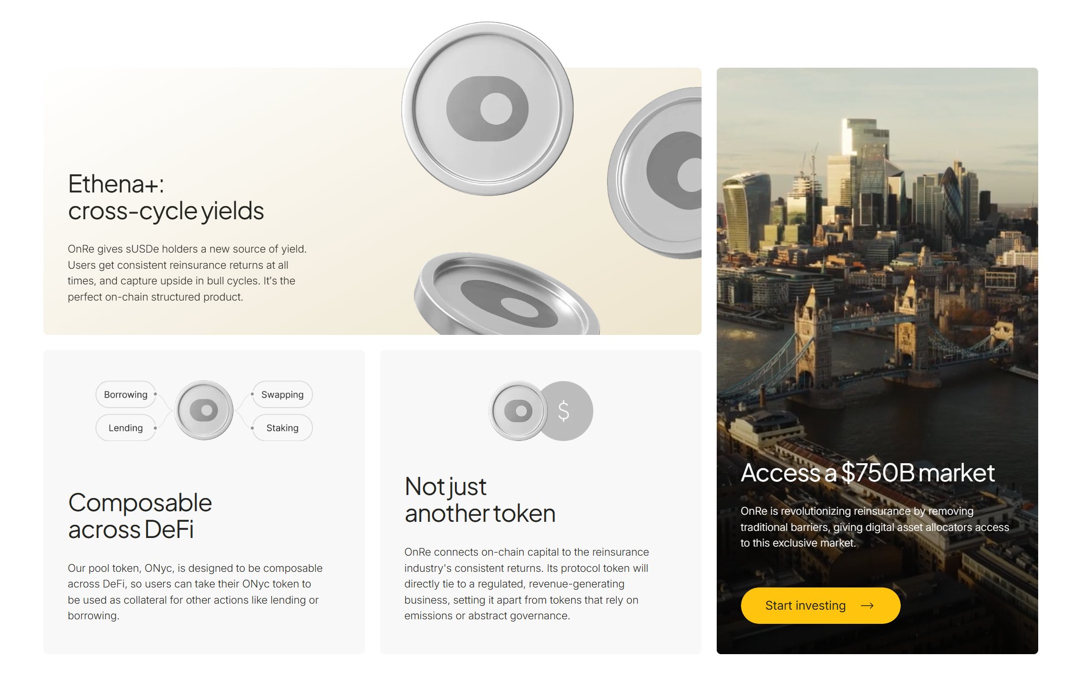 Visual illustration of stablecoins flowing into on-chain reinsurance pools generating tokenized yields on blockchain
