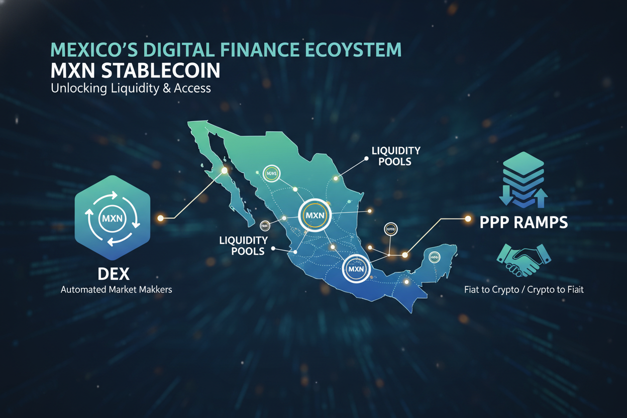 Visual map of Mexico highlighting top MXN stablecoin liquidity pools on DEX platforms and key P2P ramps for 2026