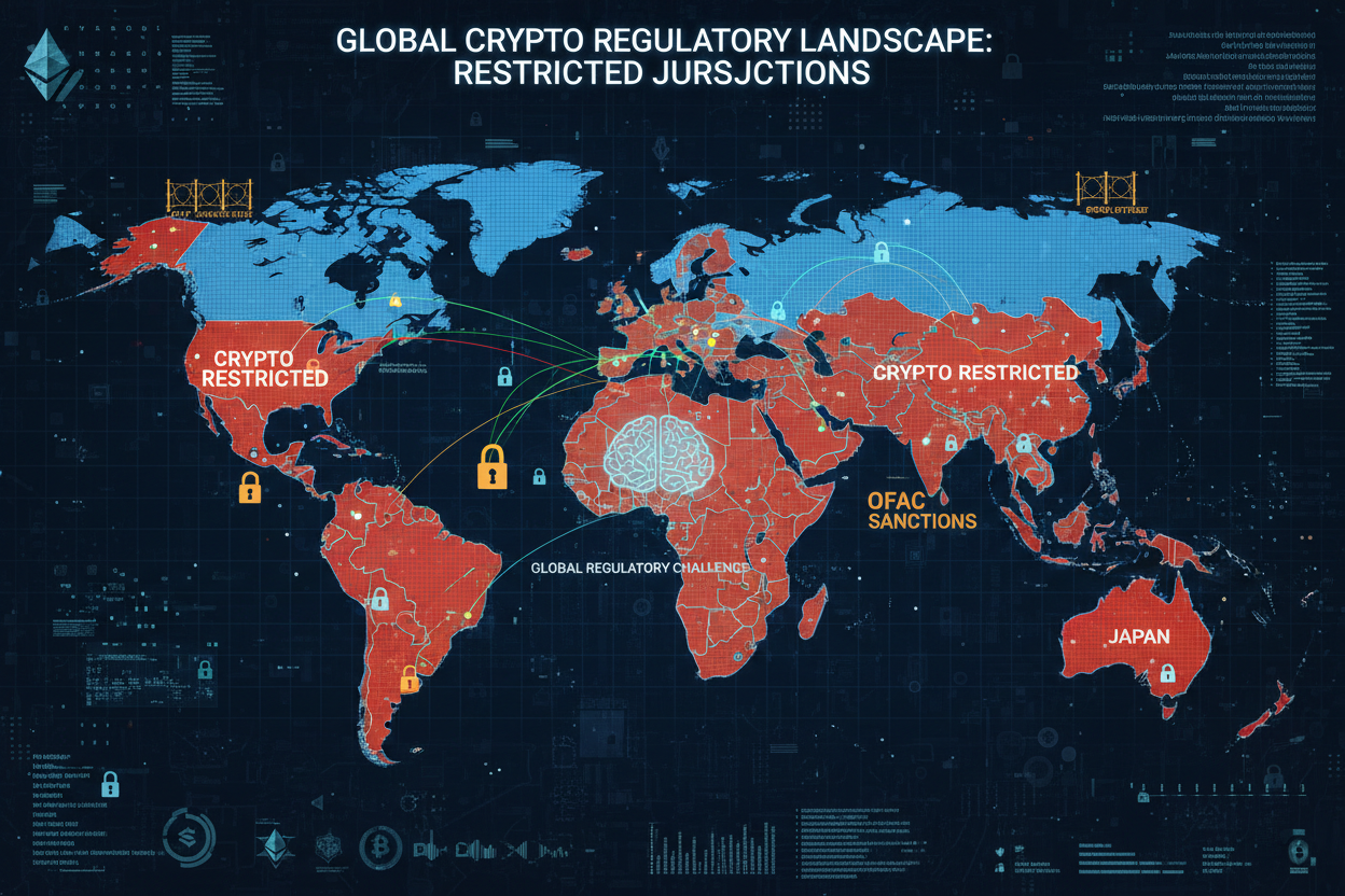 World map of global restricted regions for DEX geofencing compliance, highlighting high-risk countries under OFAC sanctions, FATF Travel Rule, and MiCA regulations in 2026