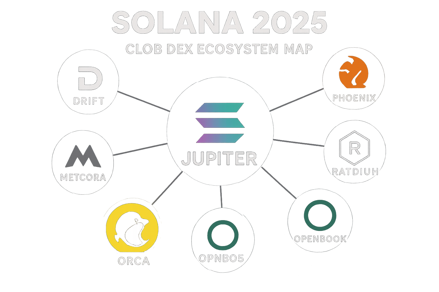 Visual map of Solana's 2025 CLOB DEX ecosystem showing interconnections between Jupiter, Phoenix, Raydium, OpenBook, Orca, Meteora, and Drift Protocol