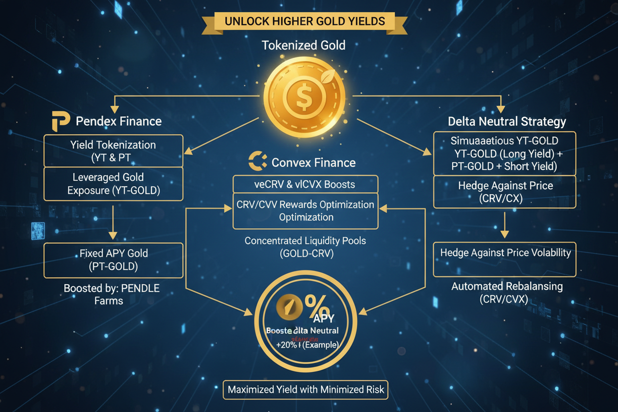 Infographic visual map of tokenized gold DeFi ecosystem yield boosters featuring Pendle, Convex, delta-neutral strategies, and APY ranges 2026