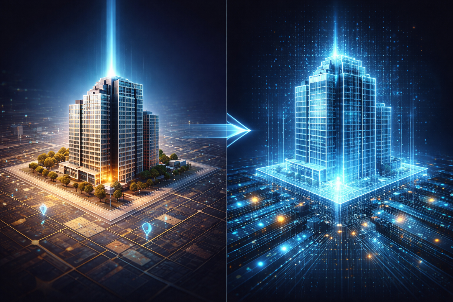 Conceptual visualization of a high-rise property divided into glowing blockchain tokens representing fractional ownership shares in tokenized real estate 2026