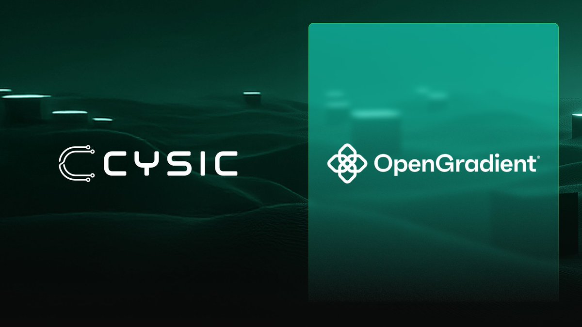 Cysic and OpenGradient logos merging with zkML proof graphics and decentralized nodes, illustrating their partnership for scalable verifiable decentralized AI inference