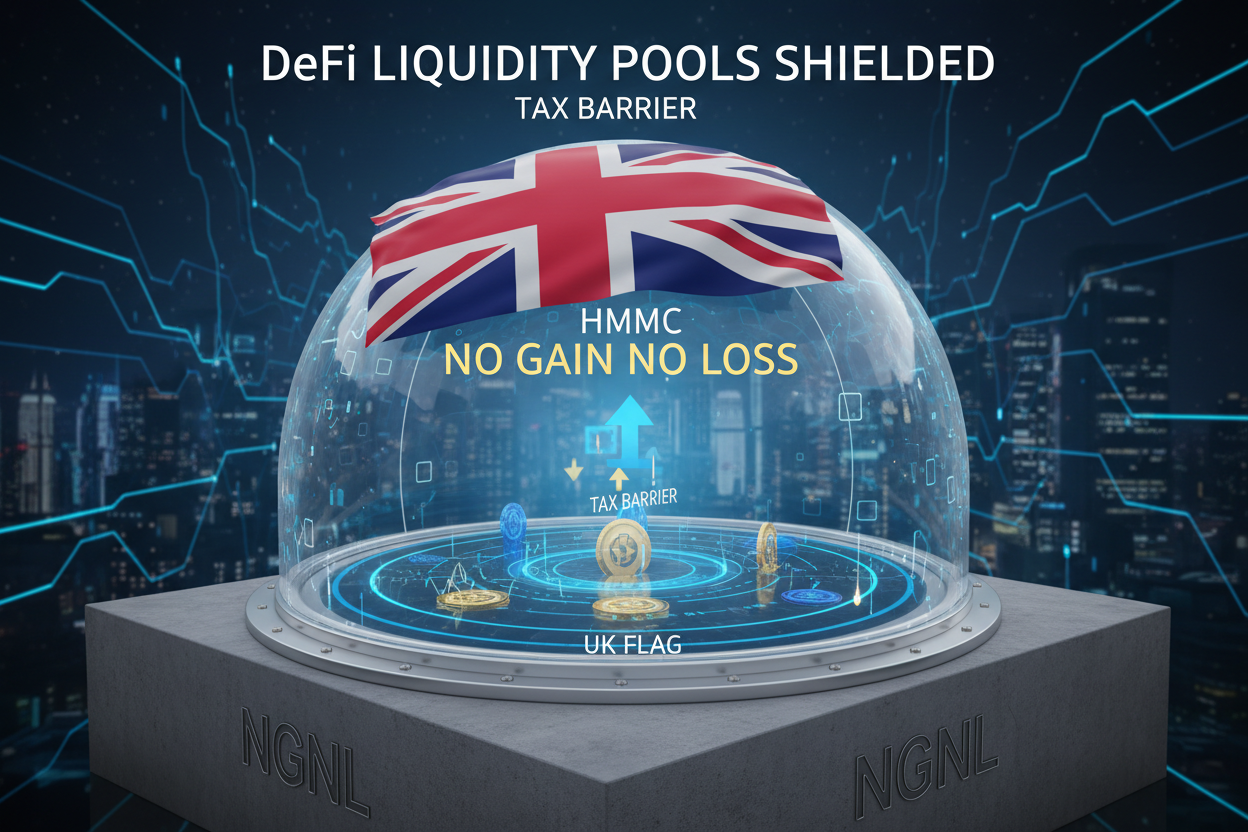 Conceptual illustration of DeFi liquidity pools protected by no-gain-no-loss tax shield barrier with UK flag and HMRC logo for 2026 crypto tax rules