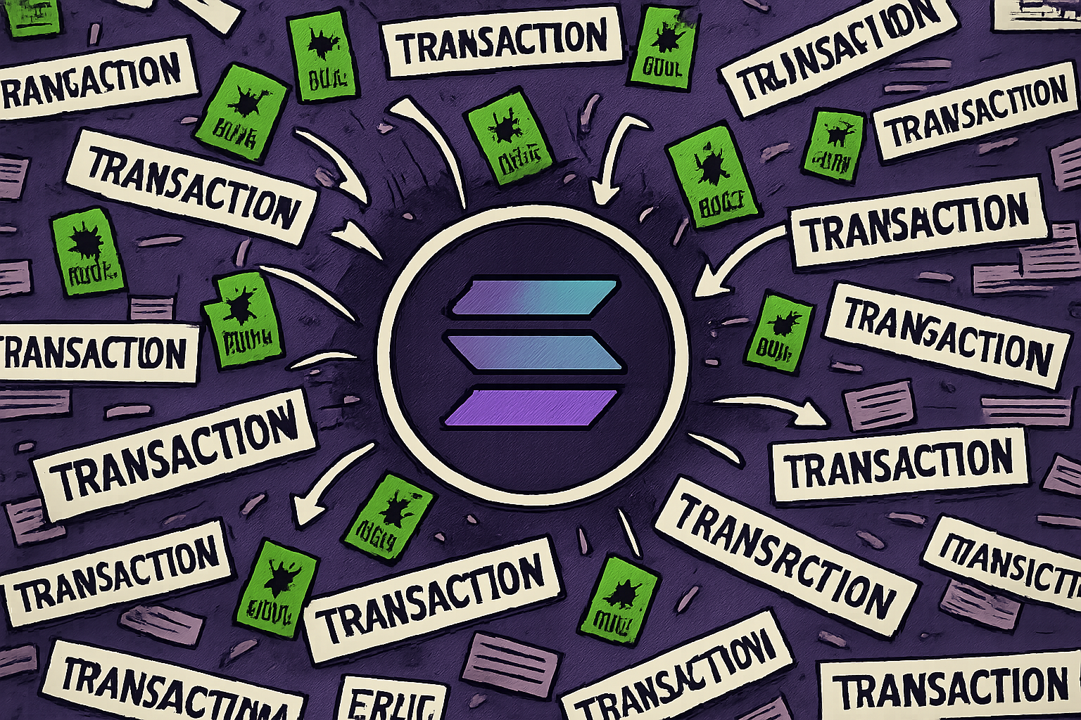 Illustration of MEV bots flooding Solana mempool with spam transactions overwhelming legitimate ones, depicting blockchain congestion and toxic MEV