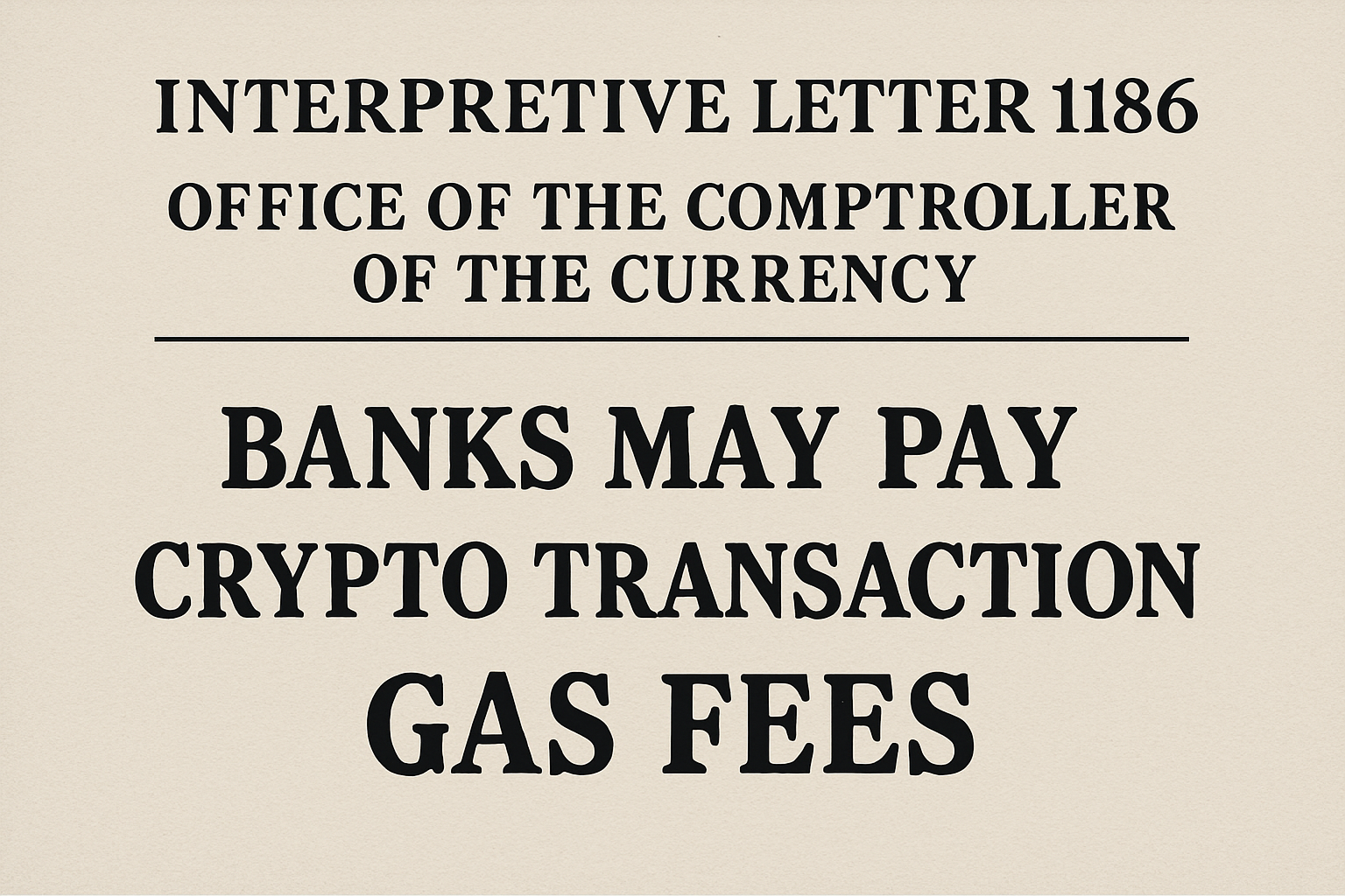 OCC Interpretive Letter 1186 graphic showing US banks authorized to hold cryptocurrency for blockchain gas fees
