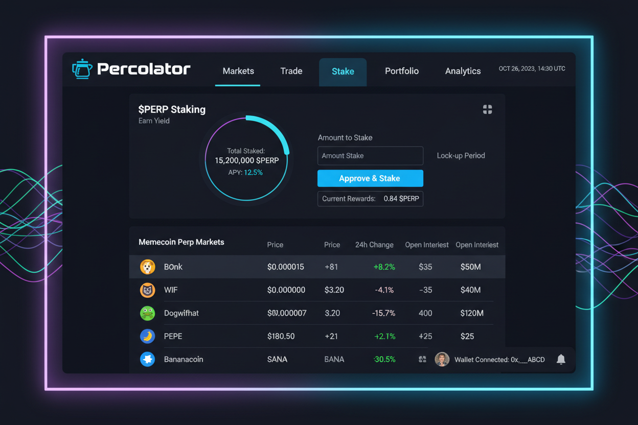 Percolator Solana Perp DEX dashboard screenshot showing $PERP staking interface and active memecoin perpetual markets