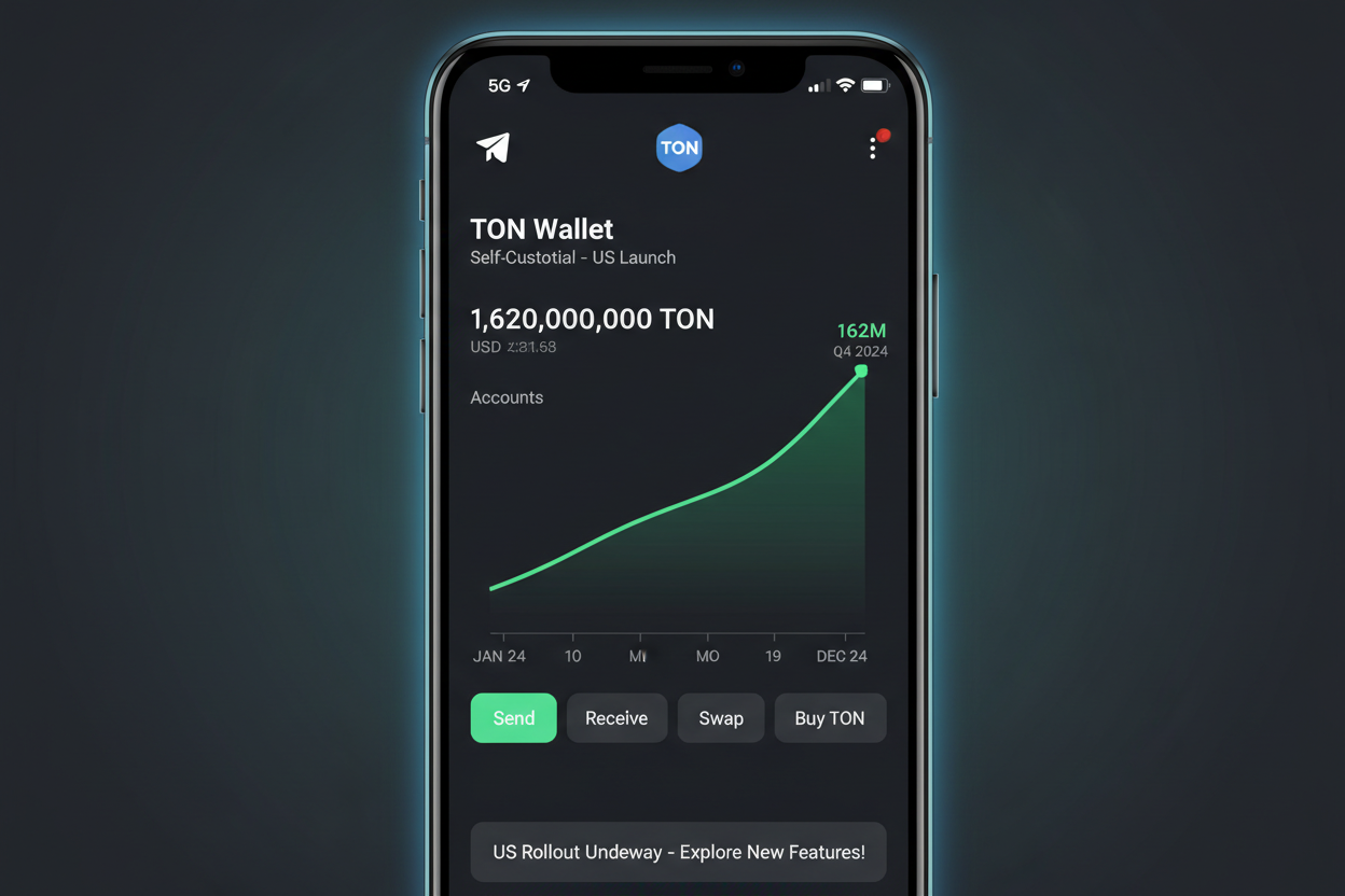 Telegram TON Wallet self-custodial interface screenshot in app with US user growth chart to 162 million on-chain accounts, illustrating Toncoin adoption surge