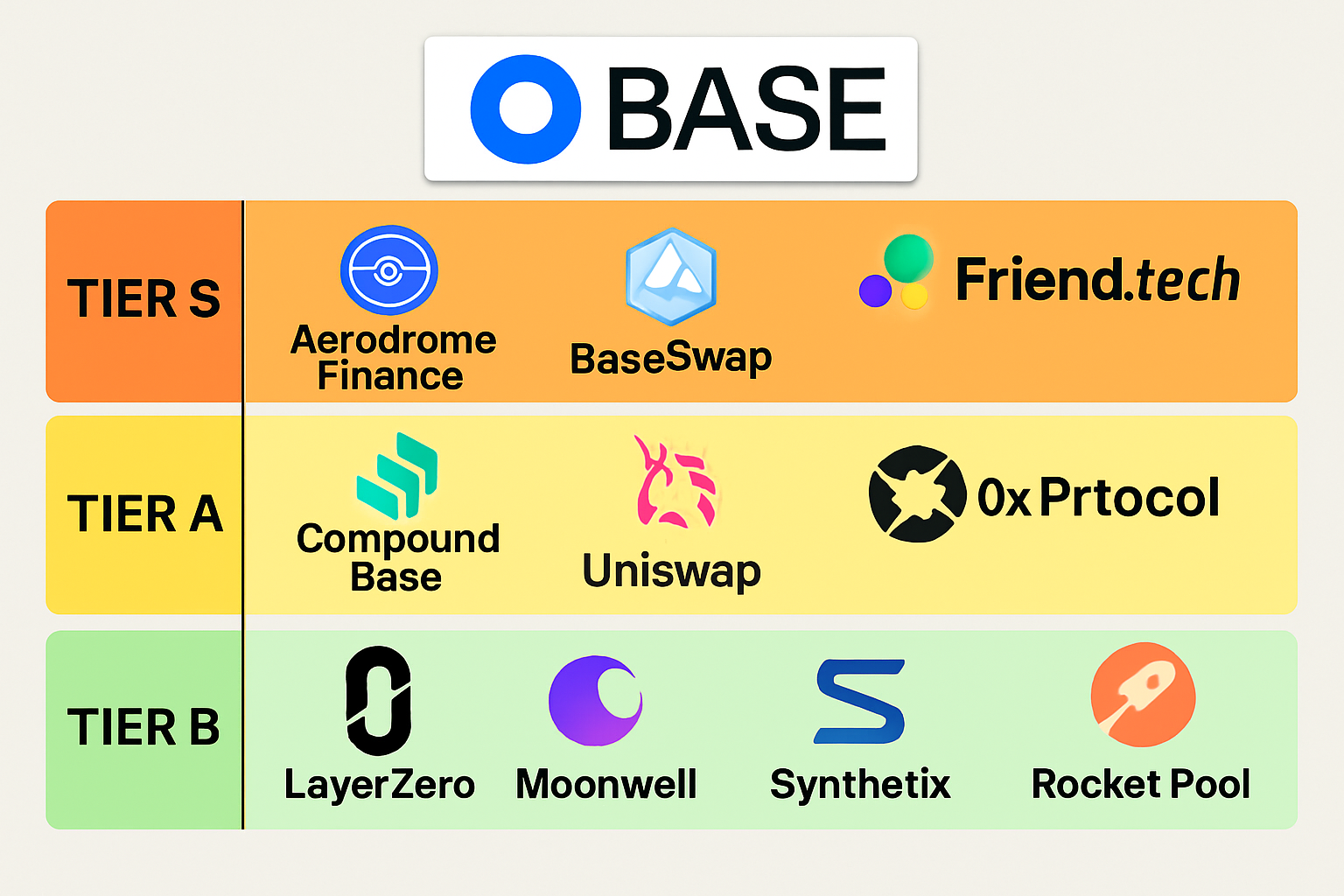 Visual overview of top 10 Base ecosystem projects for airdrop opportunities, including Aerodrome Finance, BaseSwap, Friend.tech, Compound Base, Uniswap, 0x Protocol, LayerZero, Moonwell, Synthetix, and Rocket Pool.