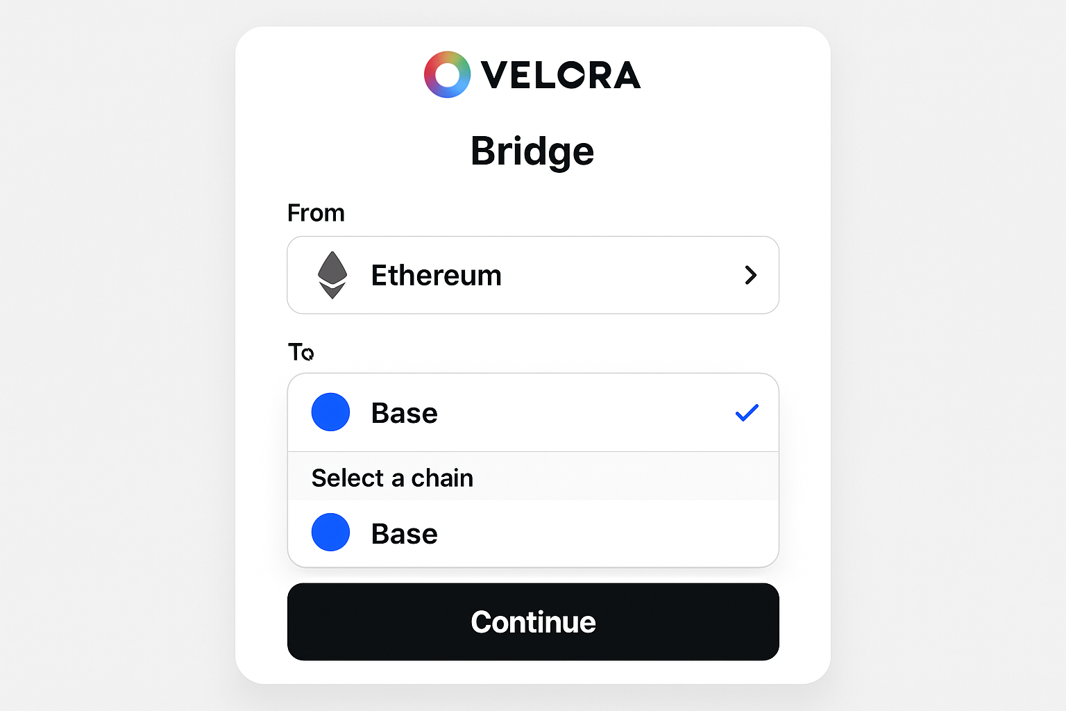 Velora interface showing Ethereum to Base bridge selection screen with wallet connected and asset transfer options visible