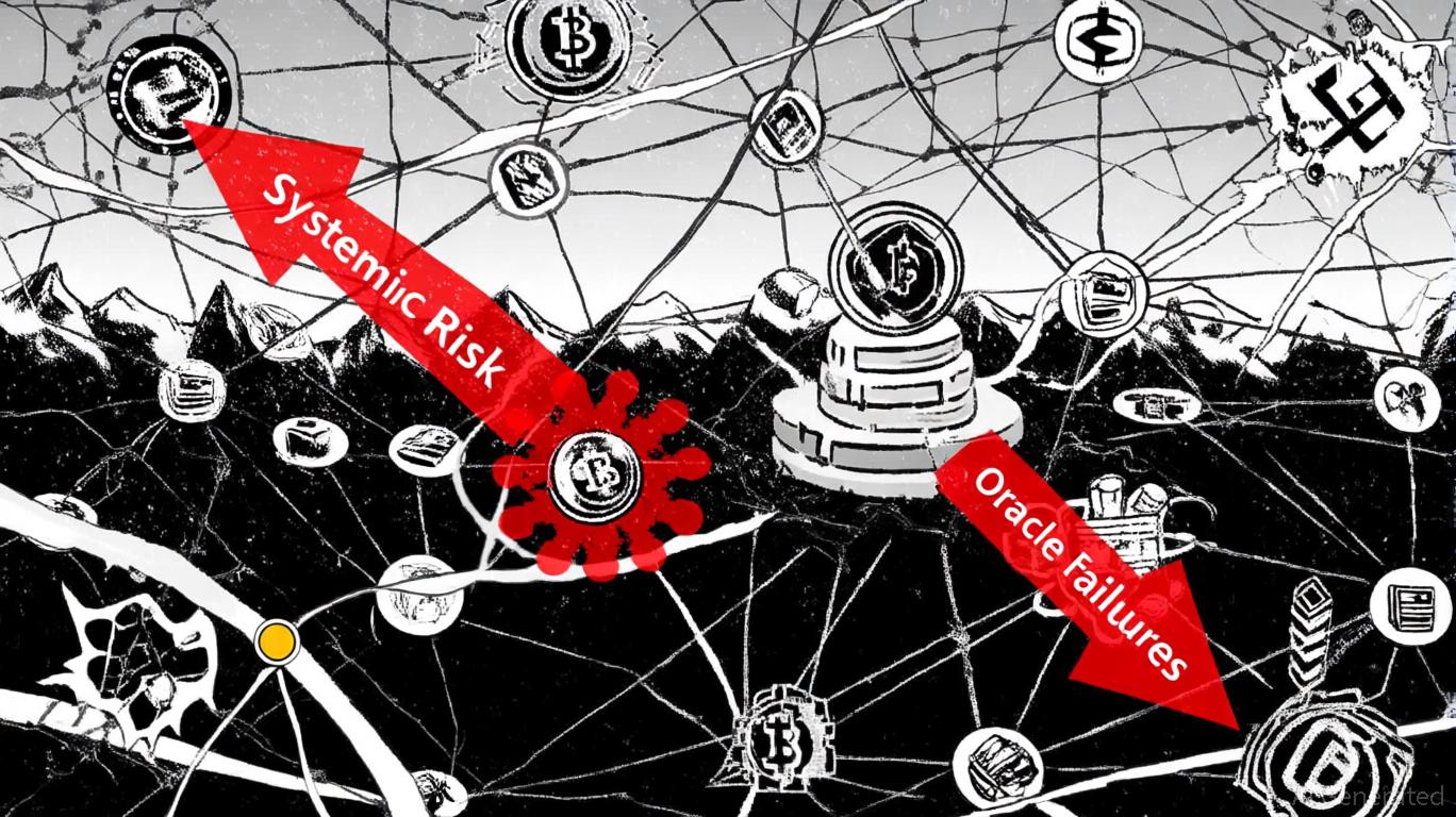 Conceptual illustration of oracle manipulation exploit causing stablecoin depeg in DeFi protocols, featuring digital oracles, blockchain elements, and destabilized stablecoin imagery