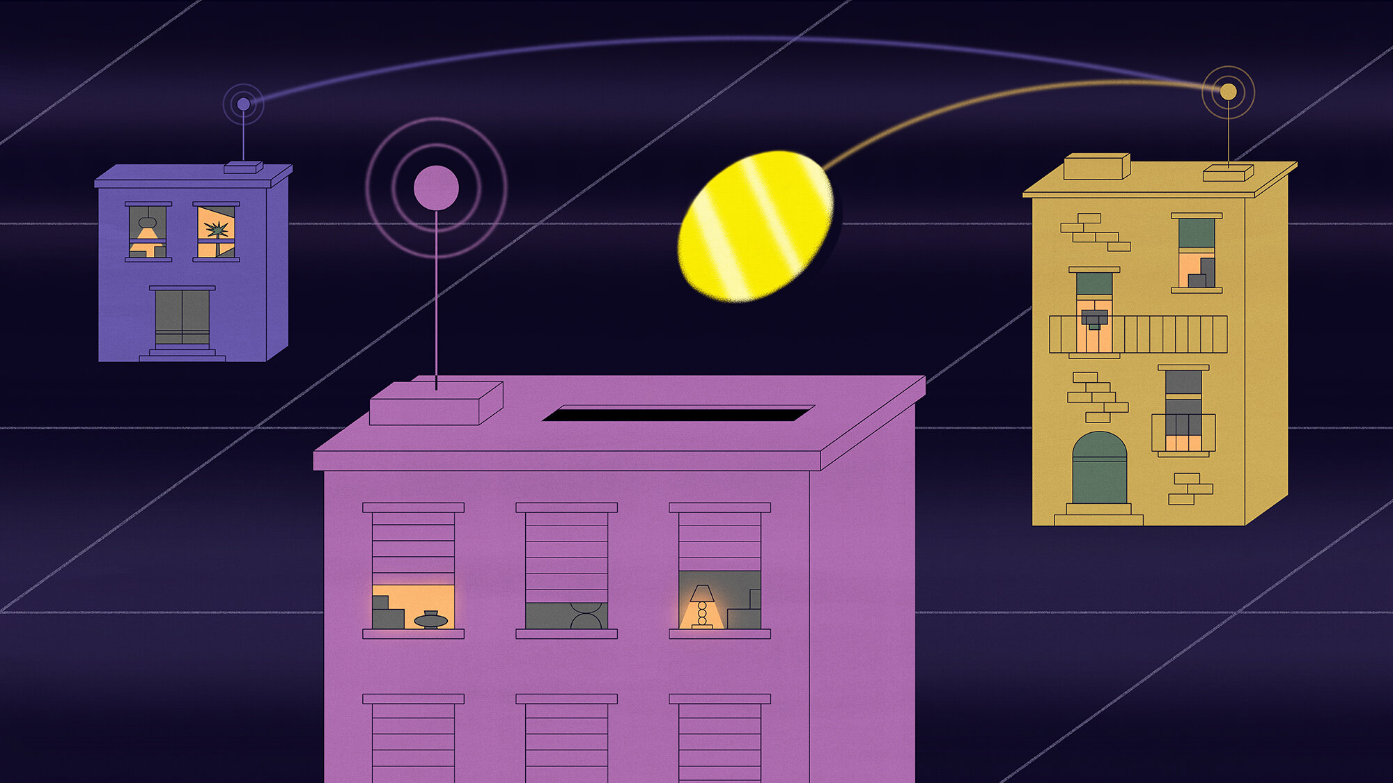 Blockchain nodes securing a decentralized wireless network with digital connections and hotspot icons
