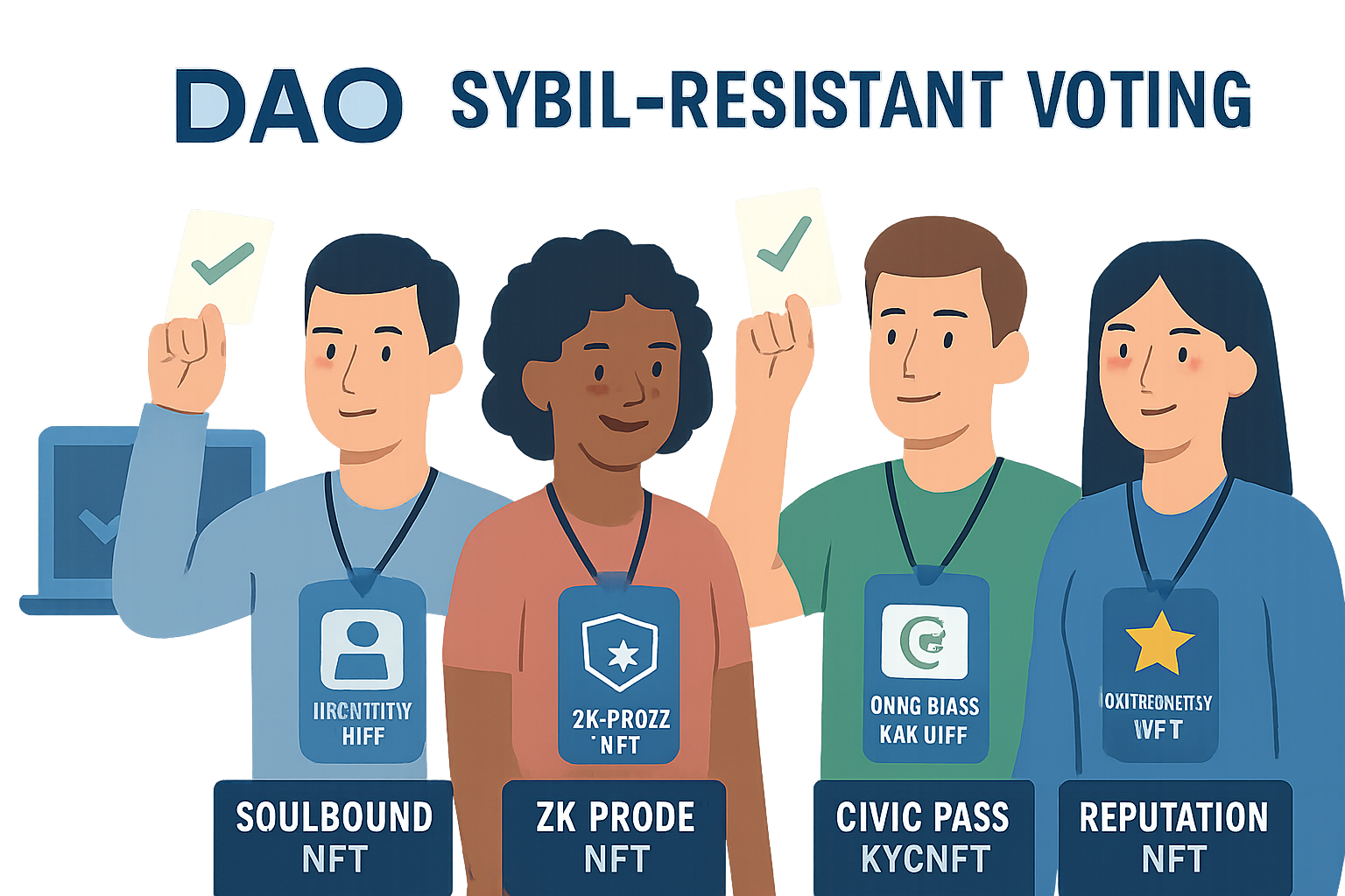 DAO members using NFT badges for Sybil-resistant voting, featuring soulbound identity badges, zero-knowledge proof voting, KYC-integrated NFT platforms, and reputation-based contributor badges