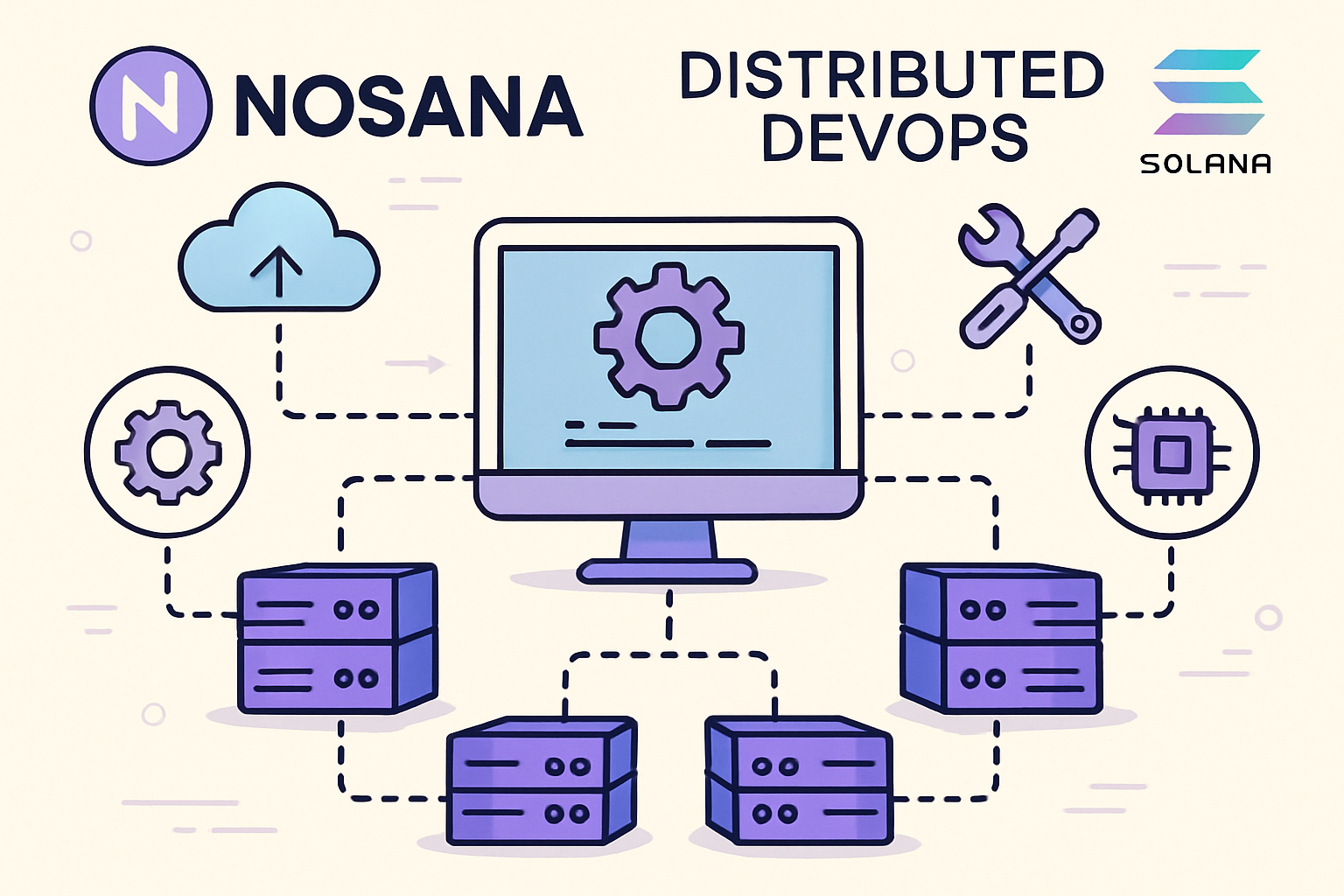 Distributed DevOps infrastructure with Nosana nodes on Solana blockchain, showcasing decentralized cloud computing and collaborative workflows in 2025