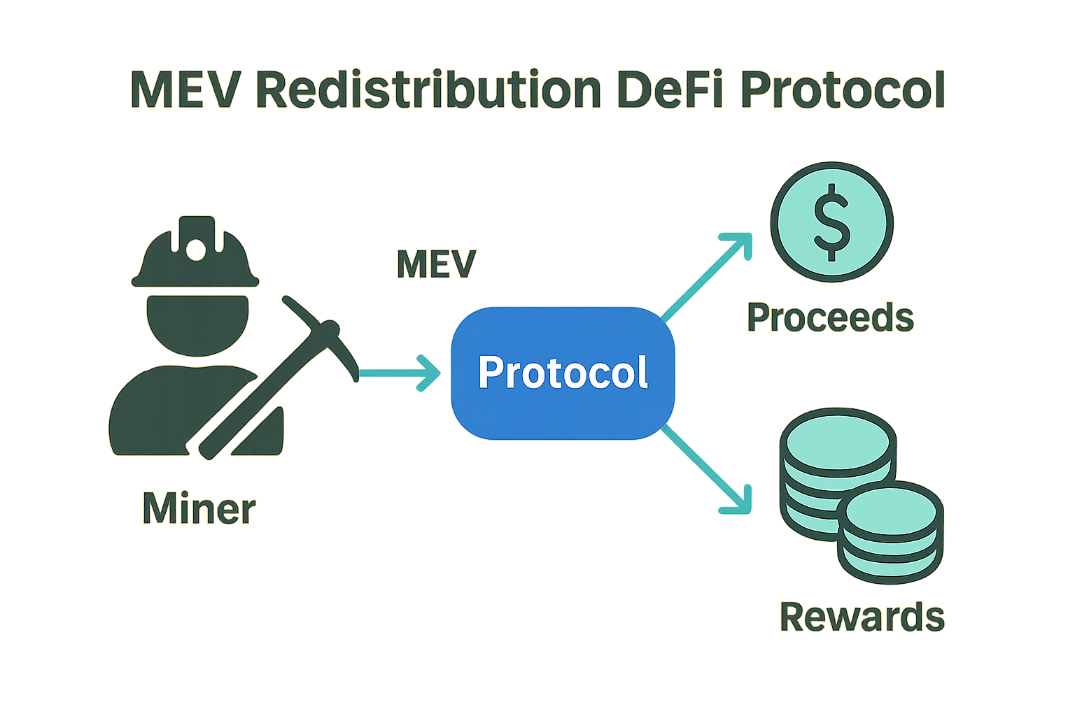 Visual concept of MEV redistribution in DeFi protocols showing value flow among users, validators, and the network for fair trading