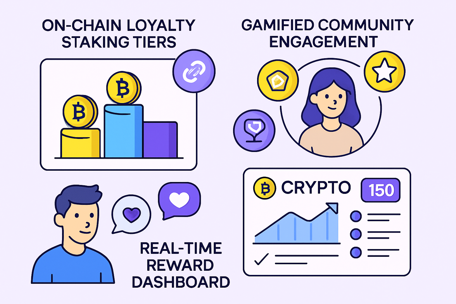 Visual representation of on-chain loyalty staking tiers, gamified community challenges, and real-time reward dashboards in crypto communities