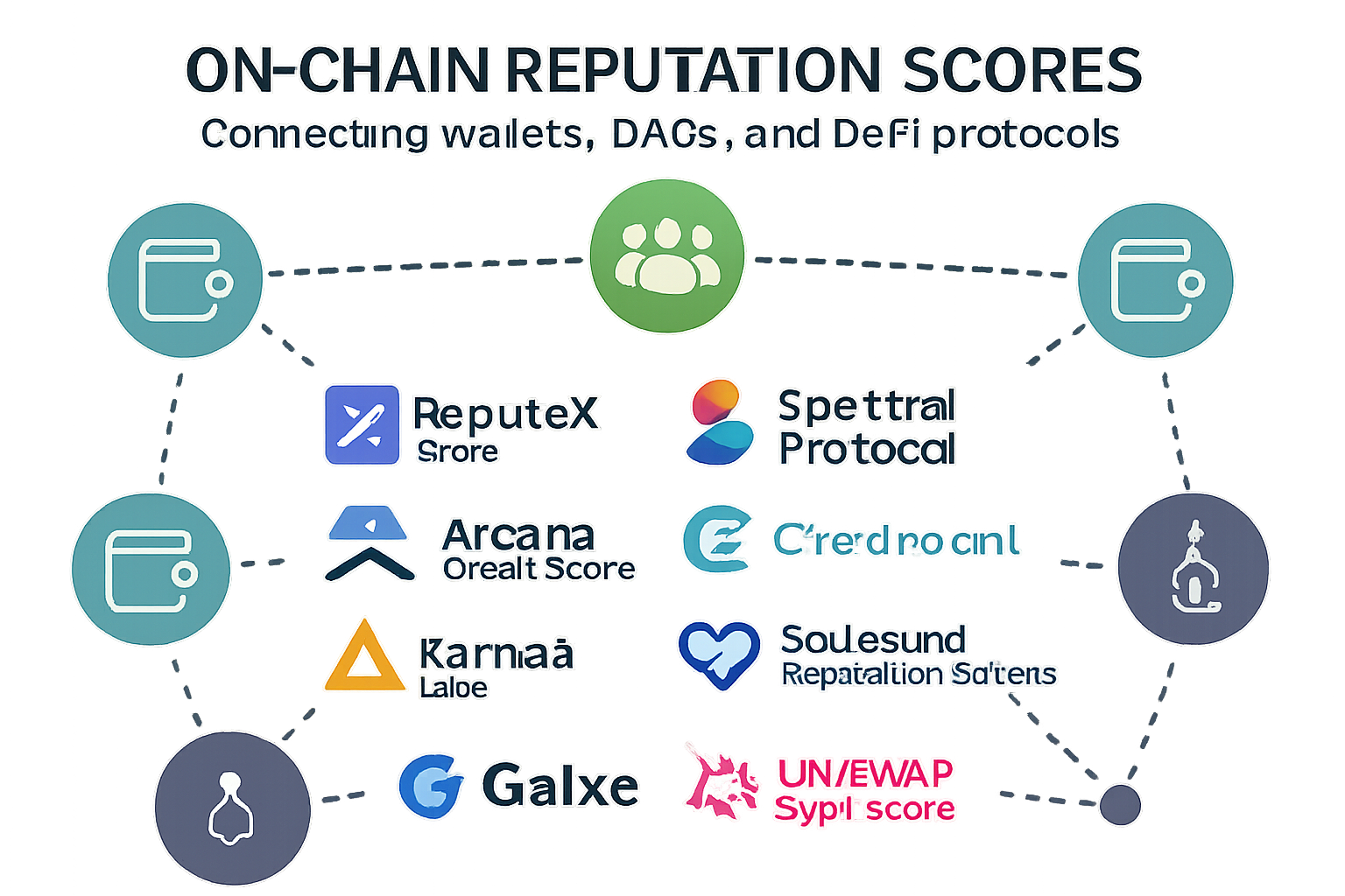 Visual representation of on-chain reputation scores connecting wallets, DAOs, and DeFi protocols in 2025, featuring icons for ReputeX Score, Spectral Protocol, Arcana Credit Score, Cred Protocol, Karma3 Labs, DegenScore Beacon, Soulbound Reputation Tokens, Galxe, and Uniswap Sybil Score.
