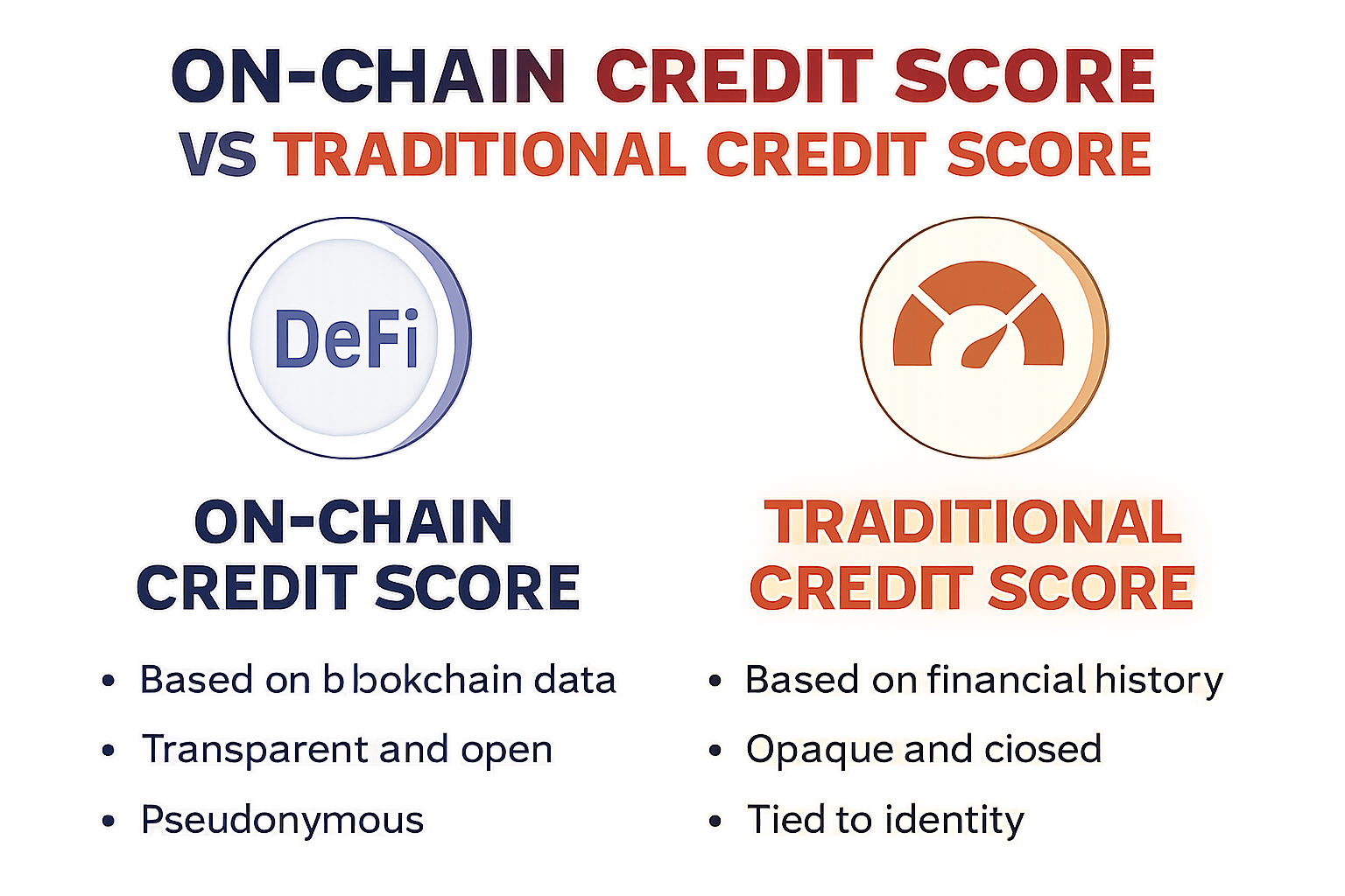 Visual comparison of on-chain decentralized credit scoring and traditional credit scoring systems in DeFi, highlighting blockchain technology versus legacy financial institutions.