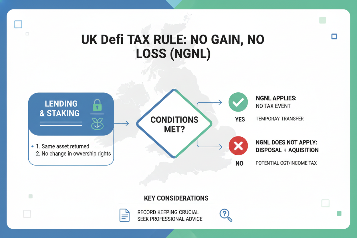 Visual representation of UK DeFi 'No Gain No Loss' NGNL tax rule benefits for crypto lending and staking, featuring balanced scales, UK flag, and DeFi icons symbolizing tax relief and simplicity