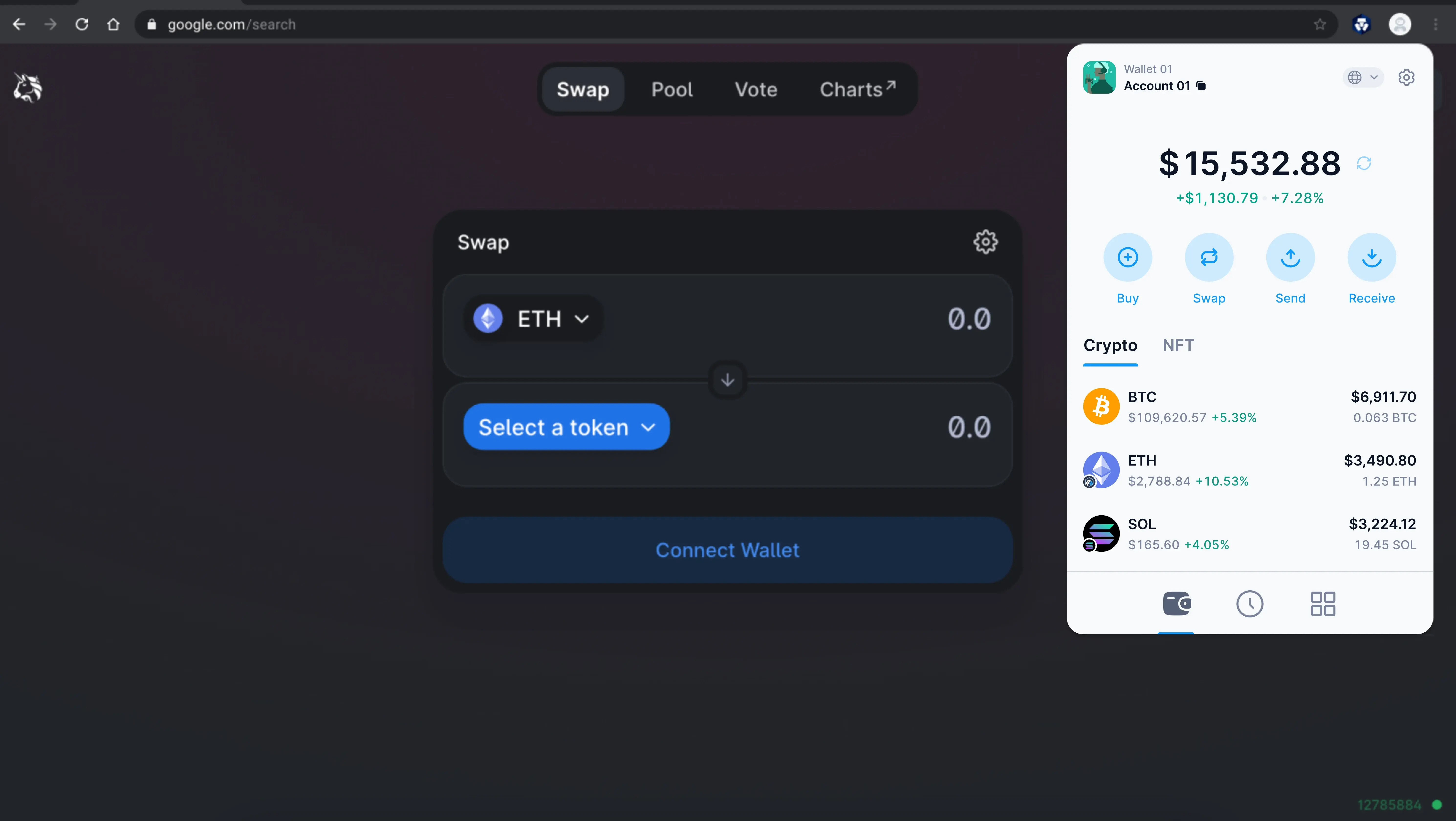 Illustration of a crypto wallet connected to a decentralized identity (DID) badge and an onchain credit score dashboard, representing under-collateralized lending in DeFi.