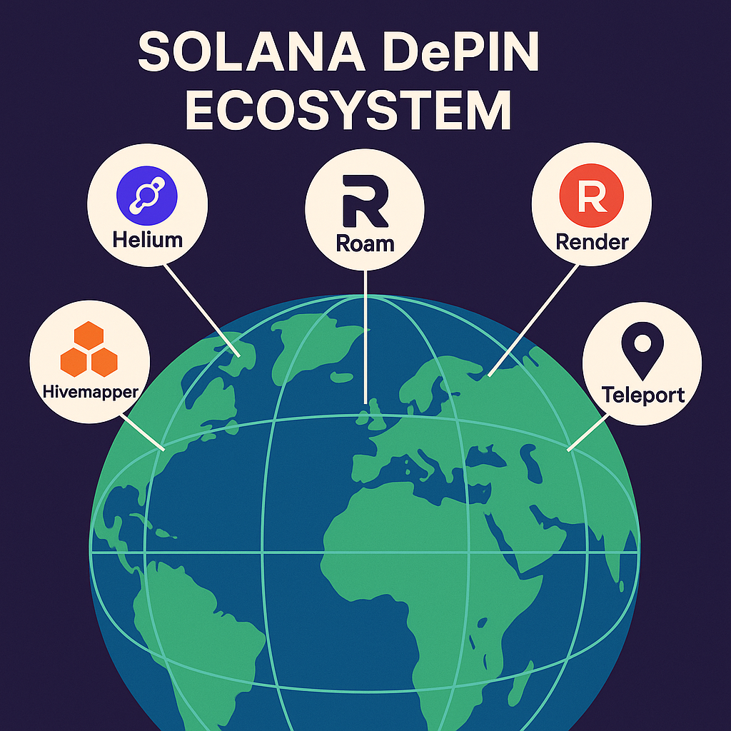 Map of the world highlighting Solana DePIN projects Helium, Roam, Render, Hivemapper, and Teleport distributed globally