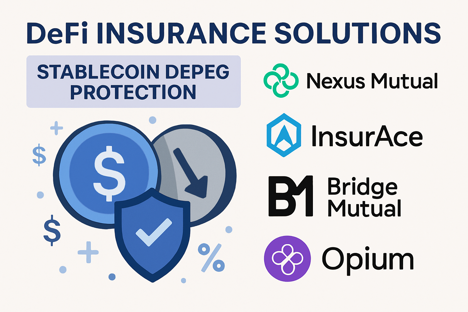 Visual summary of top DeFi insurance platforms—Nexus Mutual, InsurAce, Bridge Mutual, and Opium Depeg Insurance—protecting against stablecoin depeg risks in the crypto market.