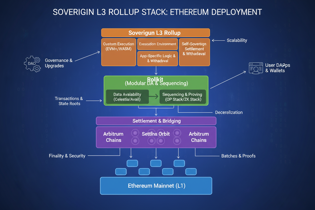 Visualization of sovereign L3 rollup stack deploying on Ethereum, featuring Rollkit framework and Arbitrum Orbit architecture for appchain boilerplates 2026