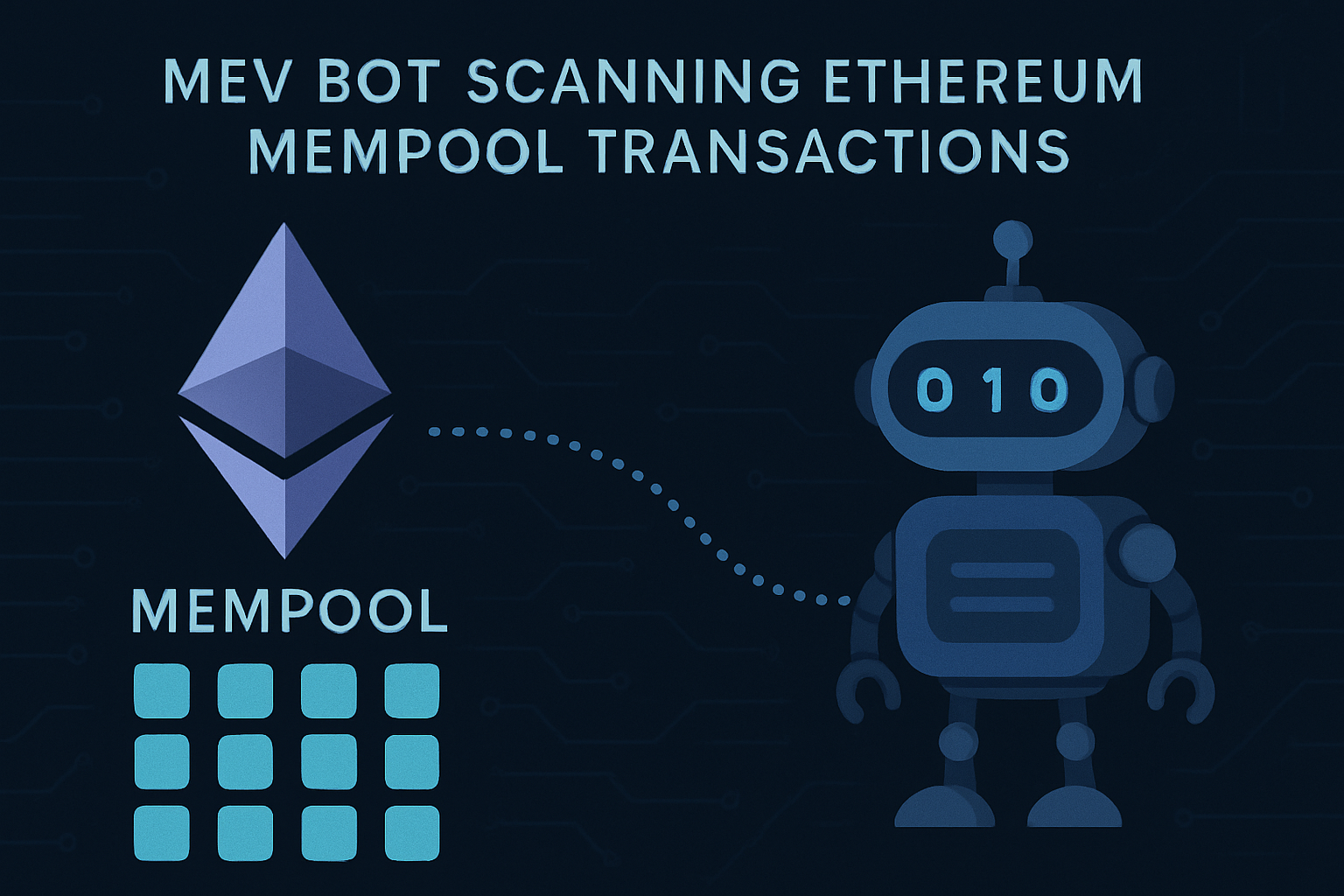 Visualization of an MEV bot scanning Ethereum mempool transactions, illustrating blockchain activity and DeFi automation