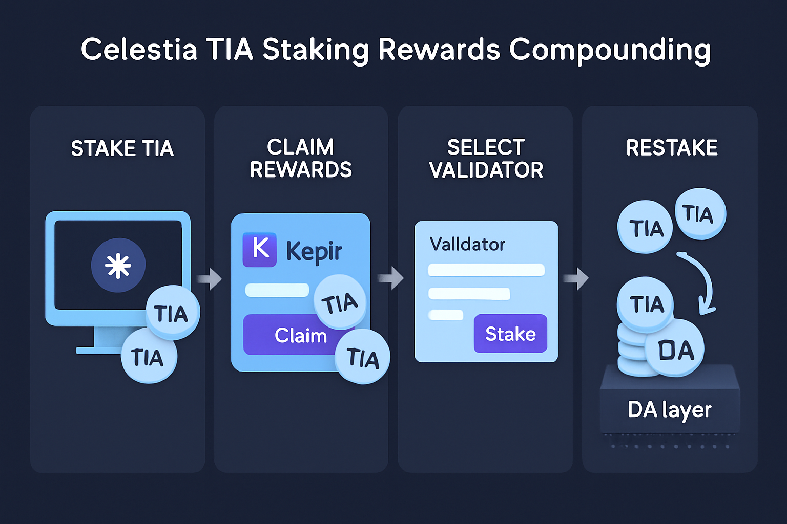 Visualization of compounding TIA staking rewards on Celestia DA layer, showing step-by-step restaking process with wallet setup, validator selection, staking, and yield growth over time.