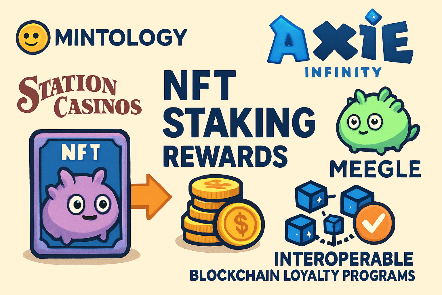 Visualization of interconnected NFT ecosystems showing Station Casinos x Mintology, Axie Infinity, and Meegle staking rewards with interoperable blockchain networks and digital loyalty cards.