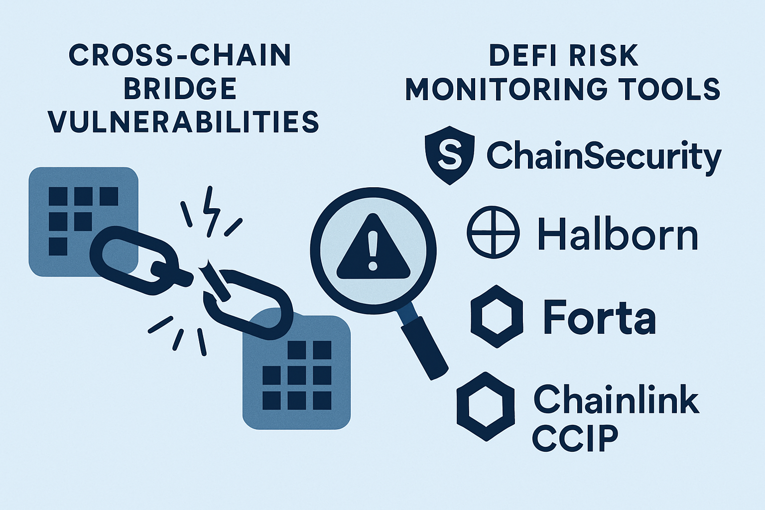 Visualization of cross-chain bridge vulnerabilities and real-time risk monitoring tools for DeFi, featuring smart contract audits and on-chain surveillance platforms like ChainSecurity, Halborn, Forta, and Chainlink CCIP.