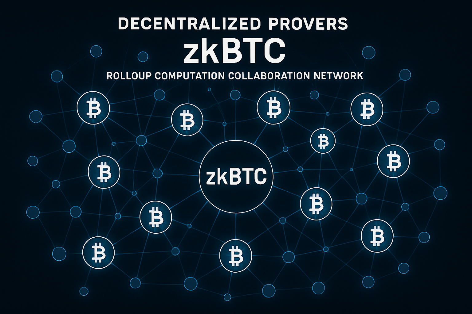 Visualization of decentralized provers collaborating on zero-knowledge Bitcoin rollup computations in 2025, featuring interconnected nodes and digital proofs.